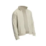 Campera deportiva Under Armour con cierre frontal completo, cuello alto y puños elásticos. Presenta un diseño minimalista en color beige con el logo de la marca bordado en el pecho.