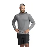 Buzo deportivo Umbro de manga larga con capucha, confeccionado en tejido técnico elástico de color gris. Presenta un ajuste al cuerpo y el logo de la marca estampado en el pecho.