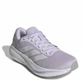 Championes de running Adidas Response Runner 2 W, color lila con las tres tiras laterales en tono plateado, mediasuela amortiguada blanca y suela gris.