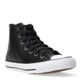 Championes de caña alta Converse modelo Chuck Taylor All Star, confeccionados en cuero negro con puntera y suela de goma blanca. Presentan cordones negros y ojales metálicos.