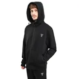 Campera Tiffosi Pocket de diseño oversize color negro, con cierre frontal completo, capucha alta ajustable con cordón y bolsillos frontales. Cuenta con puños y cintura elásticos acanalados, y un pequeño logo bordado en el pecho.