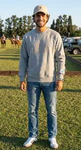 Buzo gris de calce oversize con cuello redondo y mangas largas. Presenta el logo de la marca bordado en el frente y un parche con la bandera de Uruguay en la manga izquierda.