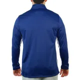 Buzo deportivo de manga larga, color azul, con cuello alto y cierre parcial frontal. Presenta un logo blanco en el pecho y paneles laterales blancos.