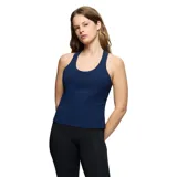 Musculosa deportiva azul marino de corte ajustado, con diseño estilo nadadora y sujetador incorporado.