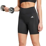 Calza corta deportiva Adidas Opt Ess St 7in, color negro, con cintura alta, calce ajustado y logo blanco en la pierna izquierda.