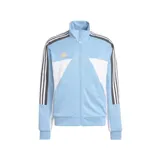 Campera Adidas de acetato celeste con detalles en blanco y negro. Presenta cierre frontal, cuello alto, bolsillos laterales y las tres tiras características de la marca en las mangas.