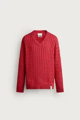 Sweater regular fit de punto tejido en hilatura de algodón, con cuello en V y manga larga. Presenta diseño de trenzas, acabados en rib y parche de la marca en el bajo.
