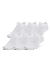 Medias deportivas cortas Under Armour modelo Essential No Show, de color blanco, diseño ultradelgado y ligero con paneles de malla y soporte en el arco del pie. Pack de 6 pares.