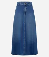 Pollera midi evasé de jeans con trabillas en la cintura, cierre con botón y cremallera, bolsillos traseros y recorte vertical.