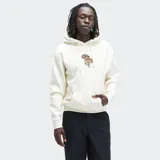 Canguro beige con capucha, cordones ajustables y bolsillo tipo canguro. Estampado pequeño de hongos en el pecho.