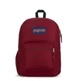 Mochila JanSport color borgoña, modelo Cross Town, con compartimento principal amplio, bolsillo frontal con organizador, bolsillo lateral para botella, panel trasero acolchado y correas acolchadas.
