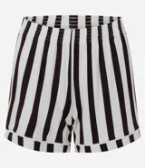 Conjunto de pijama estilo americano compuesto por una camisa de manga corta con cuello solapa y cierre frontal de botones, y un short con cintura elástica. Ambas piezas presentan un diseño de rayas verticales en blanco y negro.