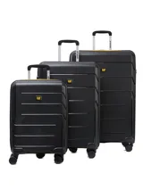 Valija de cabina rígida Caterpillar Venture Trolley de 20 pulgadas, color negro con detalles en amarillo, cuatro ruedas dobles multidireccionales y tirador telescópico.