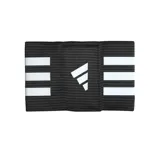 Banda de capitán Adidas Tiro League negra con tres tiras blancas y logo de la marca.
