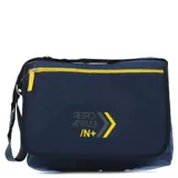 Morral tipo mensajero color azul marino con cierre frontal amarillo. Presenta estampado gráfico con la leyenda 'RETRO ATTITUDE /N+' en tonos gris y amarillo. Cuenta con correa ajustable para el hombro.