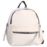 Mochila urbana de tela color beige, con compartimento principal y bolsillo frontal con cierre. Presenta tiradores de cierre largos y detalles en color negro.