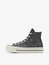 Championes Converse Chuck Taylor All Star Lift de caña alta, color negro con glitter, plataforma blanca y cordones blancos.