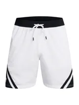 Short deportivo de malla Under Armour, modelo Curry, con diseño bicolor en blanco y negro, cintura elástica con cordón y bolsillos laterales con cierre.