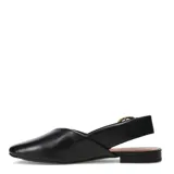 Zapatos destalonados negros de cuero, con punta cuadrada, tacón bajo y tira trasera ajustable con hebilla metálica dorada.
