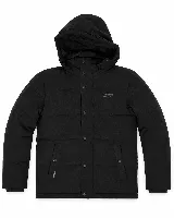 Campera puffer con capucha, confeccionada en pana con textura acanalada. Presenta cierre frontal con botones a presión, bolsillos laterales y logo de la marca bordado en el pecho. Diseño acolchado con interior térmico.