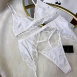 Conjunto de lencería de cuatro piezas en color blanco, confeccionado en lycra y encaje. Incluye un bralette triangular, una tanga regulable y un portaligas con ligas integradas, todo decorado con detalles de encaje en los bordes.