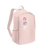 Mochila urbana Topper, color rosado, con compartimento principal con cierre y bolsillo lateral. Presenta el logo de la marca estampado verticalmente en el frente en colores rojo, azul y blanco.