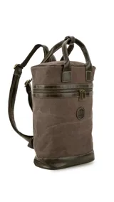 Mochila matera de diseño vertical, confeccionada en tela canvas marrón con detalles y refuerzos en cuero sintético oscuro. Cuenta con doble asa superior de mano, correas traseras regulables, cierre metálico frontal y bolsillo posterior.