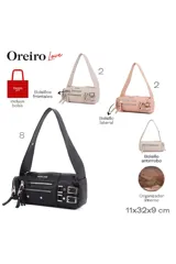 Cartera tipo baguette de cuero sintético negro, con correa de hombro ajustable. Presenta múltiples cierres frontales, detalles de hebillas decorativas y tachas plateadas. El logo "Oreiro Love" está grabado en la parte superior.