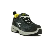 Championes de seguridad Diadora Utility modelo Shark Stable Impact Low S1P, con diseño técnico en color gris oscuro con patrón de puntos, suela robusta gris y detalles en amarillo neón en el interior y lengüeta.