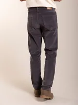 Pantalón de corte regular confeccionado en pana color marrón, con cierre de botón y cremallera, y bolsillos laterales y traseros.