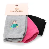 Pack de tres pares de medias de mujer, una gris con bordado de cactus, una rosa y una negra.