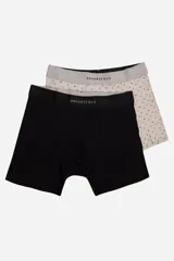 Pack de dos bóxers de algodón. Uno negro con cintura elástica negra con la marca en blanco. El otro color crema con estampado de flores pequeñas y cintura elástica gris con la marca en negro.