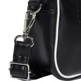 Bolso Adidas Adicolor XS de cuero sintético negro con ribetes blancos, logo frontal y correa de hombro ajustable y extraíble.