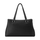 Cartera Guess modelo Angelica de color negro, confeccionada en material sintético con costuras en contraste y herrajes plateados. Cuenta con doble asa superior, correa ajustable y desmontable, y un detalle de cadena metálica colgante con las letras de la marca.