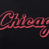 Canguro negro con capucha y cordones ajustables, con el logo de los Chicago Bulls estampado en el pecho y texto en la manga.