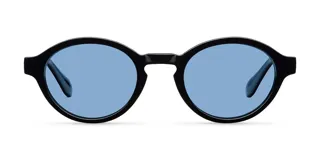 Lentes de sol con montura redonda de color negro y cristales polarizados en tono azul. Presentan un diseño retro con protección UV400 y recubrimiento resistente a rayaduras.