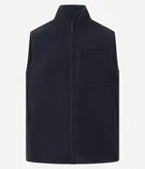 Chaleco deportivo gris oscuro con cuello alto y cierre frontal con cremallera. Presenta recortes en tejido liso en la parte superior del pecho y en los bolsillos laterales.