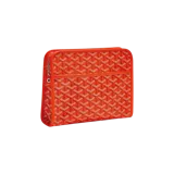 Neceser Goyard Jouvence MM de lona estampada con el clásico motivo chevron tridimensional de la marca en color naranja, con ribetes de cuero a tono y cierre superior con cremallera.
