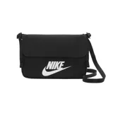 Bandolera Nike modelo Futura 365, color negro con logo y swoosh estampados en blanco en el frente. Cuenta con solapa de cierre, correa ajustable para el hombro y diseño compacto.