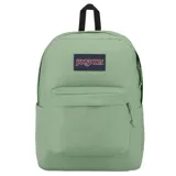 Mochila JanSport modelo Superbreak Plus en color verde menta, con compartimento principal con cierre, bolsillo frontal con organizador y correas acolchadas.