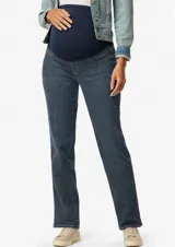 Jean maternal de corte recto en denim azul oscuro, con faja elástica alta diseñada para adaptarse al crecimiento de la panza durante el embarazo.