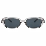 Lentes de sol con armazón ovalado de policarbonato gris traslúcido y cristales oscuros, con filtro UV400 y diseño versátil.
