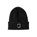 Gorro tipo beanie de tejido acanalado en color negro, con vuelta y parche frontal con logo de la marca.