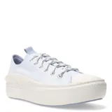 Championes Converse modelo Chuck Taylor All Star Move, de plataforma liviana y diseño de caña baja. Presentan una capellada de lona en color celeste claro, con suela de goma con efecto moteado y cordones jaspeados.