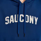 Canguro azul con capucha y cordones ajustables, bolsillo tipo canguro y logo de Saucony estampado en blanco en el pecho.