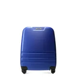 Valija rígida de color azul con ruedas y manija retráctil.