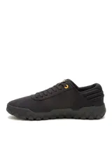 Sneakers Caterpillar modelo Hex + Canvas, color negro con detalles en amarillo, de lona con suela gruesa de goma y pasadores de cordones.
