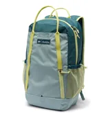 Mochila Columbia Echo Mountain de 25 litros, color azul verdoso con detalles en amarillo neón y gris claro. Cuenta con un compartimento principal, un bolsillo frontal con cierre de velcro, un bolsillo exterior con cierre, dos bolsillos laterales de malla para botellas de agua y múltiples asas de agarre. Incluye correas de hombro ajustables y una correa de esternón con silbato de rescate.