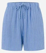 Short de viscosa y lino a rayas verticales azules y blancas, con cintura elástica ajustable con cordón.