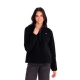 Buzo polar negro de mujer, marca Caterpillar. Tiene cierre de tres botones en el cuello y logo de la marca bordado en el pecho.